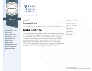 10 Courses
The Data Scientist’s Toolbox
R Programming
Getting and Cleaning Data
Exploratory Data Analysis
Reproducible Research
Statistical Inference
Regression Models
Practical Machine Learning
Developing Data Products
Data Science Capstone
Jeff Leek, PhD; Roger
Peng, PhD; Brian Caffo,
PhD
Department of
Biostatistics
Johns Hopkins
Bloomberg School of
Public Health
02/10/2017
Santanu Dutta
has successfully completed the online, non-credit Specialization
Data Science
The Data Science Specialization covers the concepts and tools for
an entire data science pipeline. Successful participants learn how
to use the tools of the trade, think analytically about complex
problems, manage large data sets, deploy statistical principles,
create visualizations, build and evaluate machine learning
algorithms, publish reproducible analyses, and develop data
products. This certificate does not confer academic credit toward
a degree or official status at the Johns Hopkins University.
Verify this certificate at:
coursera.org/verify/specialization/H5SM6F3H363V
 