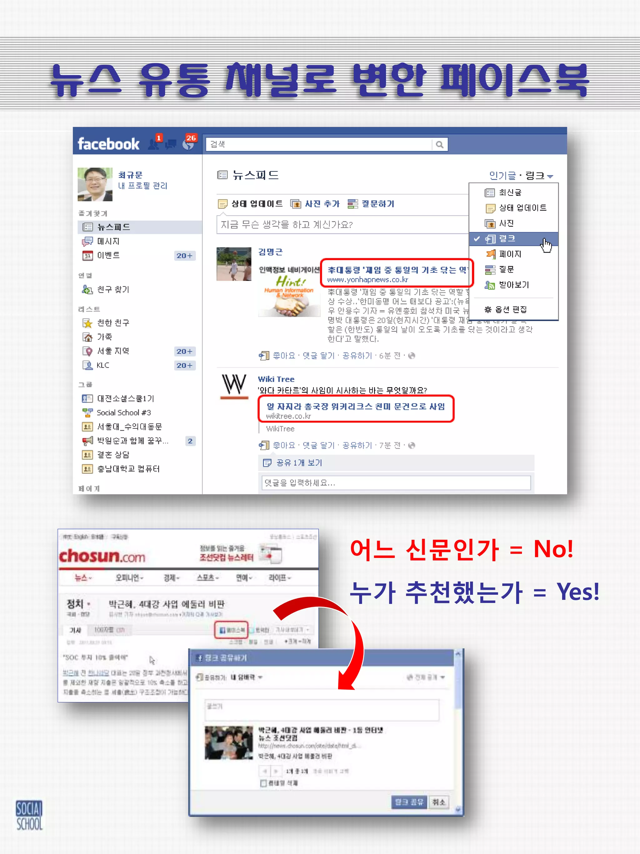 뉴스 유통 채널로 변한 페이스북




         어느 싞문인가 = No!
         누가 추천했는가 = Yes!
 
