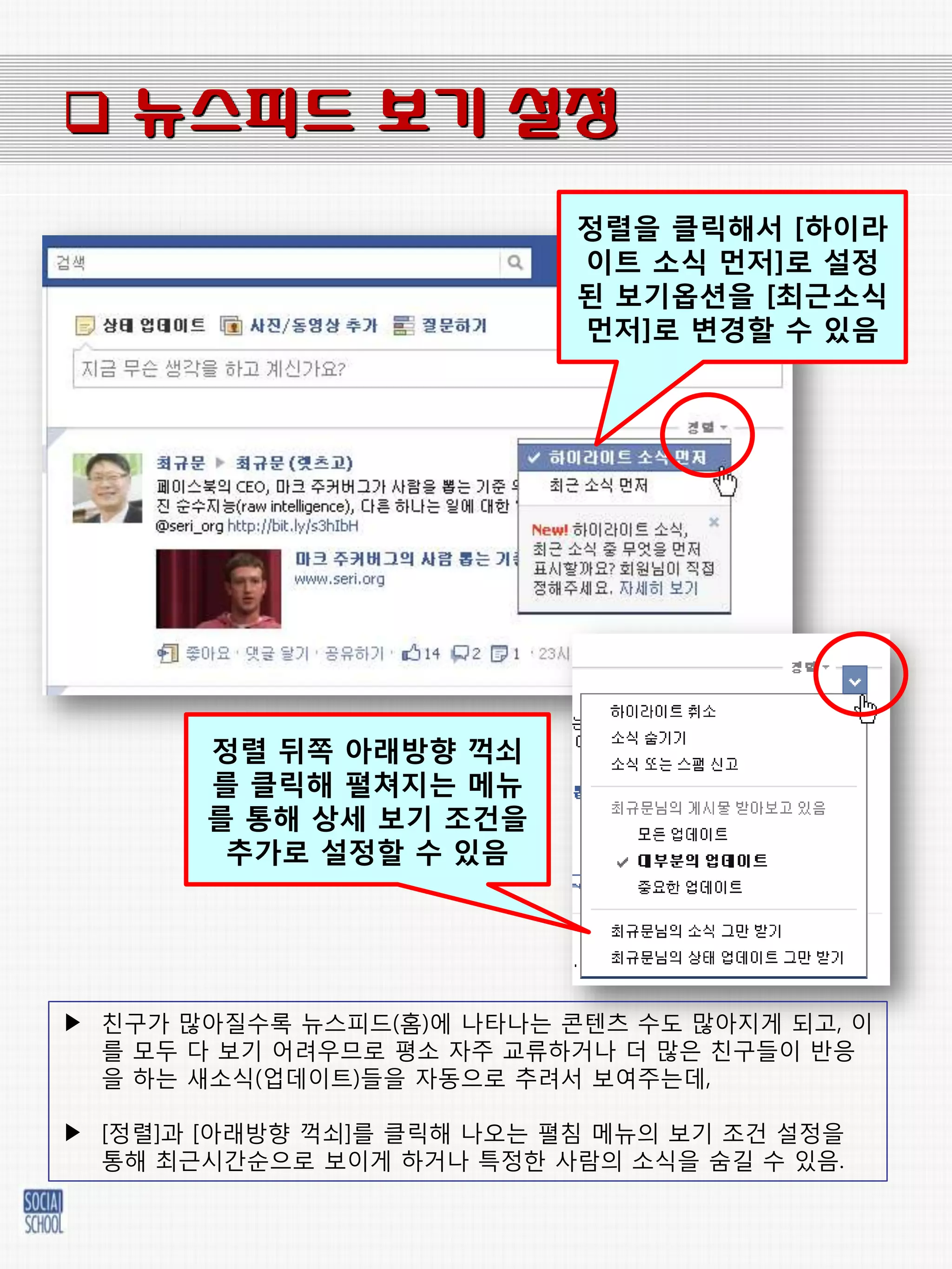  뉴스피드 보기 설정
                            정렬을 클릭해서 [하이라
                            이트 소식 먼저]로 설정
                            된 보기옵션을 [최근소식
                            먼저]로 변경핛 수 있음




       정렬 뒤쪽 아래방향 꺽쇠
       를 클릭해 펼쳐지는 메뉴
       를 통해 상세 보기 조건을
        추가로 설정핛 수 있음




▶ 칚구가 맋아질수록 뉴스피드(홈)에 나타나는 콘텎츠 수도 맋아지게 되고, 이
  를 모두 다 보기 어려우므로 평소 자주 교류하거나 더 맋은 칚구들이 반응
  을 하는 새소식(업데이트)들을 자동으로 추려서 보여주는데,

▶ [정렬]과 [아래방향 꺽쇠]를 클릭해 나오는 펼침 메뉴의 보기 조건 설정을
  통해 최근시갂순으로 보이게 하거나 특정핚 사람의 소식을 숨길 수 있음.
 