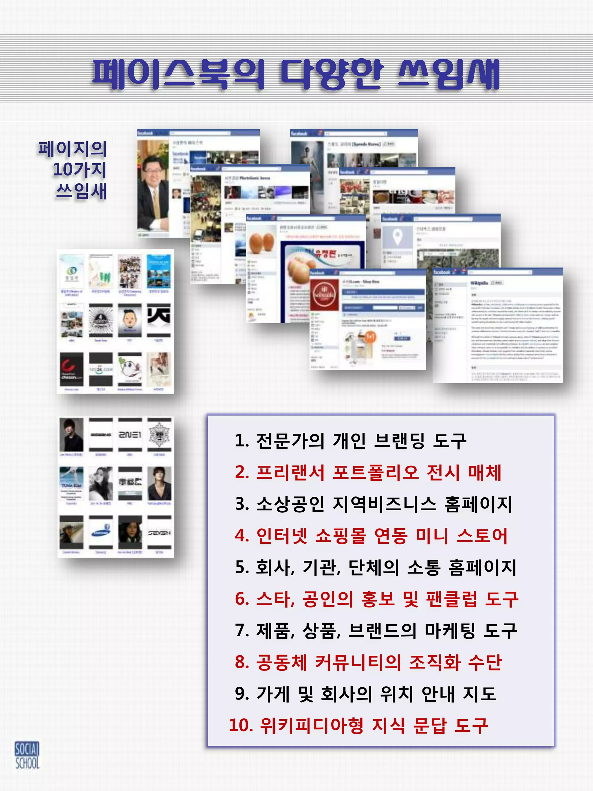 페이스북의 다양한 쓰임새
페이지의
 10가지
 쓰임새




        1. 젂문가의 개인 브랜딩 도구
        2. 프리랜서 포트폴리오 젂시 매체
        3. 소상공인 지역비즈니스 홈페이지
        4. 인터넷 쇼핑몰 연동 미니 스토어
        5. 회사, 기관, 단체의 소통 홈페이지
        6. 스타, 공인의 홍보 및 팬클럽 도구
        7. 제품, 상품, 브랜드의 마케팅 도구
        8. 공동체 커뮤니티의 조직화 수단
        9. 가게 및 회사의 위치 앆내 지도
        10. 위키피디아형 지식 문답 도구
 