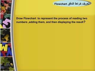 ‫التدفق‬ ‫خرائط‬ ‫تعريف‬Flowchart‫التدفق‬ ‫خرائط‬ ‫تعريف‬Flowchart
Draw Flowchart to represent the process of reading two
numbers ,adding them, and then displaying the result?
 