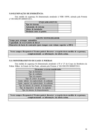 16
5.10 ILUMINAÇÃO DE EMERGÊNCIA
Esta medida de segurança foi dimensionada atendendo à NBR 10898, adotada pela Portaria
n° 001/DSCIP/CBMMT/2011.
ENQUADRAMENTO
Tipo de sistema
Autonomia do sistema
Altura de instalação
Distância entre os pontos
GRUPO MOTOGERADOR
Tempo para arranque automático
Capacidade do reservatório de diesel
Dimensões da bacia de contenção (para tanques com volume superior a 200 l)
Neste campo o Responsável Técnico poderá discorrer a respeito desta medida de segurança,
complementando as informações da tabela acima.
5.11 MONITORAMENTO DE GASES E POEIRAS
Esta medida de segurança foi dimensionada atendendo à IT n° 27 do Corpo de Bombeiros da
Polícia Militar do Estado de São Paulo, adotada pela Portaria n° 001/DSCIP/CBMMT/2011.
Elementos a serem considerados
Tipo de luminária
Tipo de ventilador
Tipo de exaustor
Tipo de coletor de poeiras
Limite inferior de explosividade do ambiente
Limite superior de explosividade do ambiente
Tipo de sistema de controle de temperatura
Tipo de dispositivo de alivio de explosão
Tipo de sistema de despoeiramento
Neste campo o Responsável Técnico poderá discorrer a respeito desta medida de segurança,
complementando as informações da tabela acima.
 