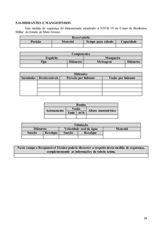 20
5.16 HIDRANTES E MANGOTINHOS
Esta medida de segurança foi dimensionada atendendo à NTCB 19 do Corpo de Bombeiros
Militar do Estado de Mato Grosso.
Reservatório
Posição Material Tempo para cálculo Capacidade
Componentes
Esguicho Mangueira
Tipo Diâmetro Metragem Diâmetro
Hidrantes
Instalados Desfavoráveis Pressão por hidrante Vazão por hidrante
Bomba
Acionamento
Vazão
Altura manométrica
l/min m³/h
Tubulação
Diâmetro Velocidade real da água Material
Sucção Recalque Sucção Recalque
Neste campo o Responsável Técnico poderá discorrer a respeito desta medida de segurança,
complementando as informações da tabela acima.
 