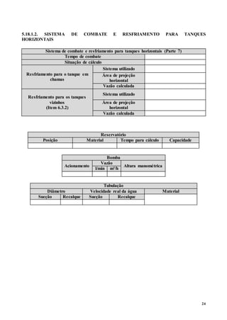 24
5.18.1.2. SISTEMA DE COMBATE E RESFRIAMENTO PARA TANQUES
HORIZONTAIS
Sistema de combate e resfriamento para tanques horizontais (Parte 7)
Tempo de combate
Situação de cálculo
Resfriamento para o tanque em
chamas
Sistema utilizado
Área de projeção
horizontal
Vazão calculada
Resfriamento para os tanques
vizinhos
(Item 6.3.2)
Sistema utilizado
Área de projeção
horizontal
Vazão calculada
Reservatório
Posição Material Tempo para cálculo Capacidade
Bomba
Acionamento
Vazão
Altura manométrica
l/min m³/h
Tubulação
Diâmetro Velocidade real da água Material
Sucção Recalque Sucção Recalque
 
