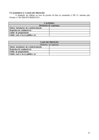33
9 CALDEIRAS E VASOS DE PRESSÃO
A instalação da caldeira ou vaso de pressão foi feita (o) atendendo à NR 13, adotada pela
Portaria n° 001/DSCIP/CBMMT/2011.
CALDEIRA
Distâncias de segurança
Outras instalações do estabelecimento
Depósitos de combustíveis
Limite de propriedades
Limite com a via (s) pública (s)
VASO DE PRESSÃO
Distâncias de segurança
Outras instalações do estabelecimento
Depósitos de combustíveis
Limite de propriedades
Limite com a via (s) pública (s)
 
