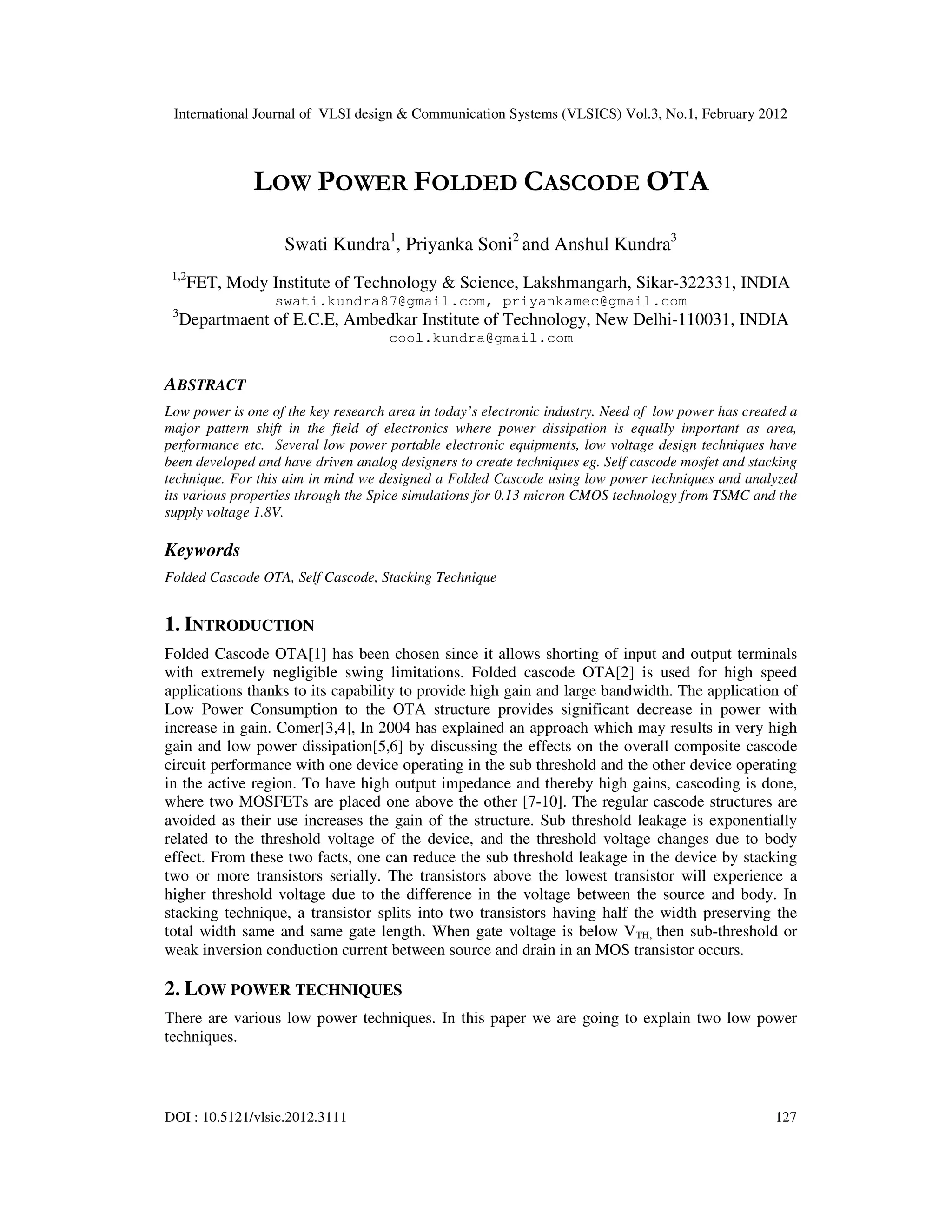 LOW POWER FOLDED CASCODE OTA | PDF