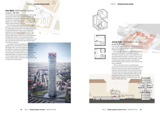 Ines Balic (AD6 bachelor diploma
project): AB OVO
This architectural proposal for creating a mixed-used
(commercial, office and residential) structure has
emerged from a close and detailed analysis of the
existing site in Holešovice (Prague 7). The aim of the
project is to create a high quality building/block while
solving urban problems of the site.
The old structure of 6 attached buildings (1960’s
housing) is demolished, and the new apartment units
are raised above ground level. The raised ground level
is connected (over the street) to the monumental
neighbouring structure on the western side. This
gesture minimises the disruptive massing of the
existing office building, while forming new pedestrian-
friendly public spaces. The existing street (that is
currently used as a parking area) is changed into a car-
free zone and will serve as the main entrance point
into the new structure.
The shape of the tower building is influenced by
multiple forces: wind, light and urban orientation (with
180 degree views, from each apartment, towards
the Holešovice market and overlooking the river).
This “Egg” is formed with ellipses oriented N/S so
that the spatial arrangement of every apartment has
a balanced quality on each side (orientated E/W).
On the “longest” span of the curve is the living area
combined with kitchen and dining, while the South side
is reserved for the balconies.
Jeong Yujin (AD6 bachelor diploma
project): BOXED
From the very beginning the concept was to carve out
parts of the existing building and place a new structure
inside (like a parasite).
One of the main goals of my project was to bring
more life into the block. The existing structure is
minimally insulated, and has an old facade that is not
so mesmerising to the eyes… However, it was not my
intention to completely demolish and rebuild. I chose
to partially and selectively remove and adapt the
existing building while introduce a new structure with
new co-habitants.
The new structure consists of prefabricated
concrete units that will be transported and assembled
on site. As most of the new units are partially and
unequally spread outwards off the existing structure,
unit pairs share horizontal steel beams back to back
in order to hold the cantilevered parts. With the new
intervention comes a new facade for the existing
building, better insulation, more public space and
larger individual balconies.
Part 2 — Studio projects summer term  ARCHIP 2017/18   79
­Chapter 3  Schindler-Fessler Studio­Chapter 3  Schindler-Fessler Studio
78  Part 2 — Studio projects summer  ARCHIP 2017/18
 