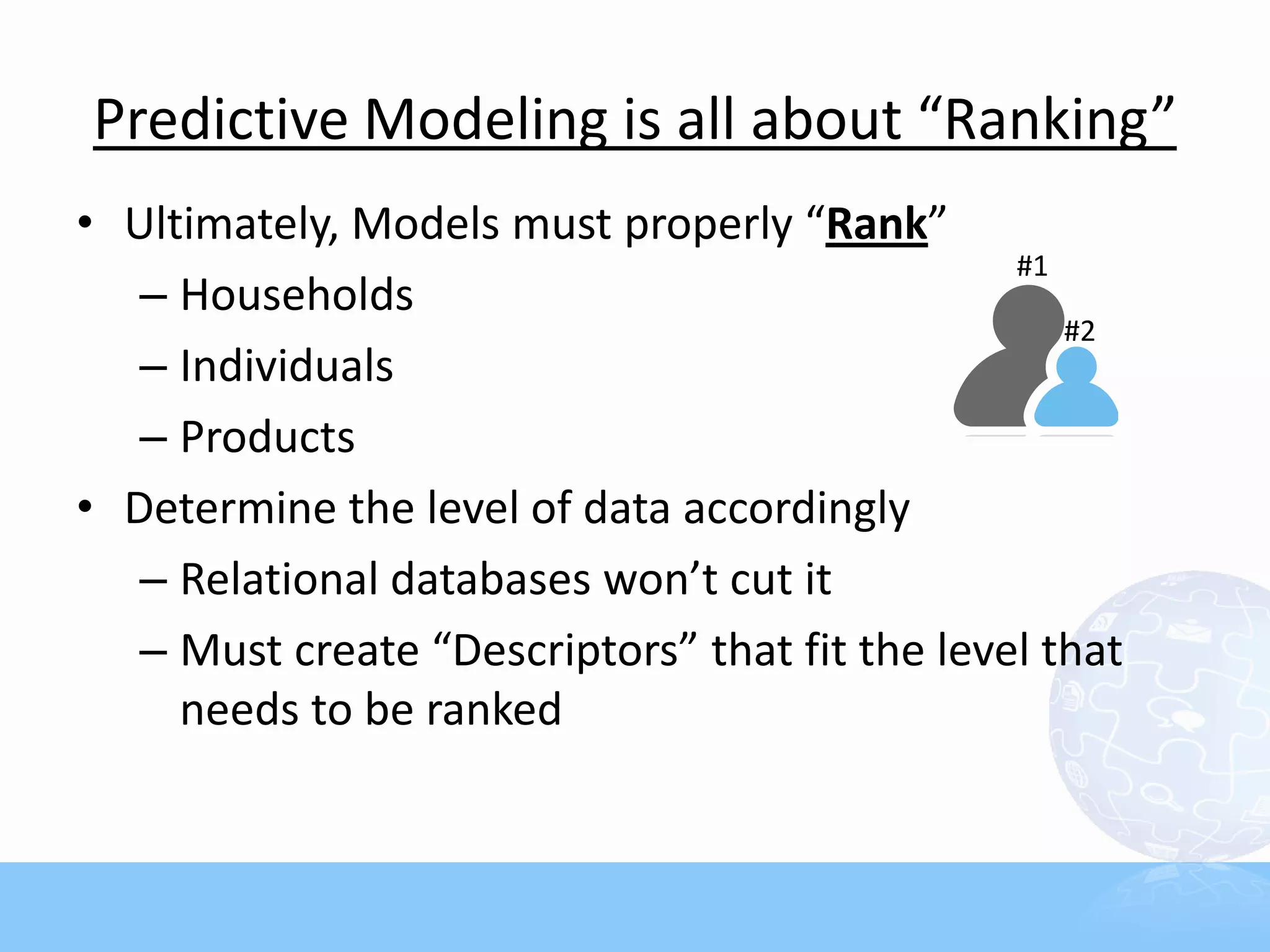 Predictive Modeling is all about “Ranking”
• Ultimately, Models must properly “Rank”
                                                #1
   – Households
                                                   #2
   – Individuals
   – Products
• Determine the level of data accordingly
   – Relational databases won’t cut it
   – Must create “Descriptors” that fit the level that
     needs to be ranked
 