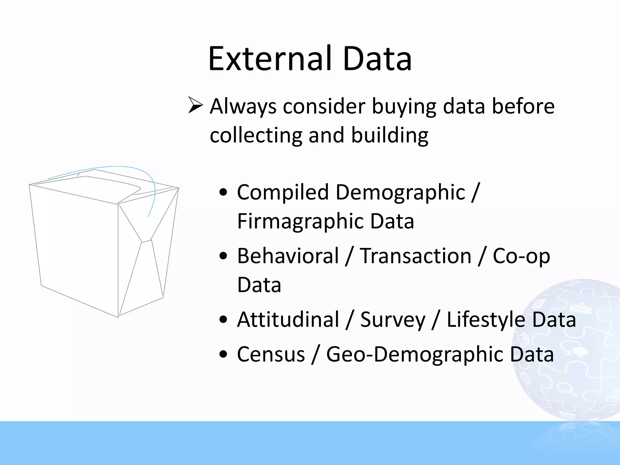 External Data
 Always consider buying data before
  collecting and building

   • Compiled Demographic /
     Firmagraphic Data
   • Behavioral / Transaction / Co-op
     Data
   • Attitudinal / Survey / Lifestyle Data
   • Census / Geo-Demographic Data
 
