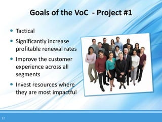 Goals of the VoC - Project #1

      Tactical
      Significantly increase
       profitable renewal rates
      Improve the customer
       experience across all
       segments
      Invest resources where
       they are most impactful


12
 