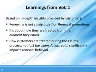 Learnings from VoC 1

     Based on in-depth insights provided by customers:
      Renewing is not solely based on Renewal promotions
      It’s about how they are treated from the
       moment they enroll
      How customers are treated during the Claims
       process, not just the claim dollars paid, significantly
       impacts renewal behavior




13
 