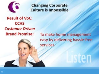 Changing Corporate
                  Culture is Impossible
       Result of VoC:
           CCHS
     Customer Driven
      Brand Promise:    To make home management
                        easy by delivering hassle-free
                        services




32
 