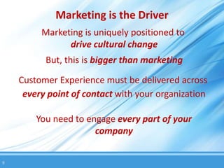 Marketing is the Driver
         Marketing is uniquely positioned to
               drive cultural change
          But, this is bigger than marketing

    Customer Experience must be delivered across
     every point of contact with your organization

        You need to engage every part of your
                      company


9
 