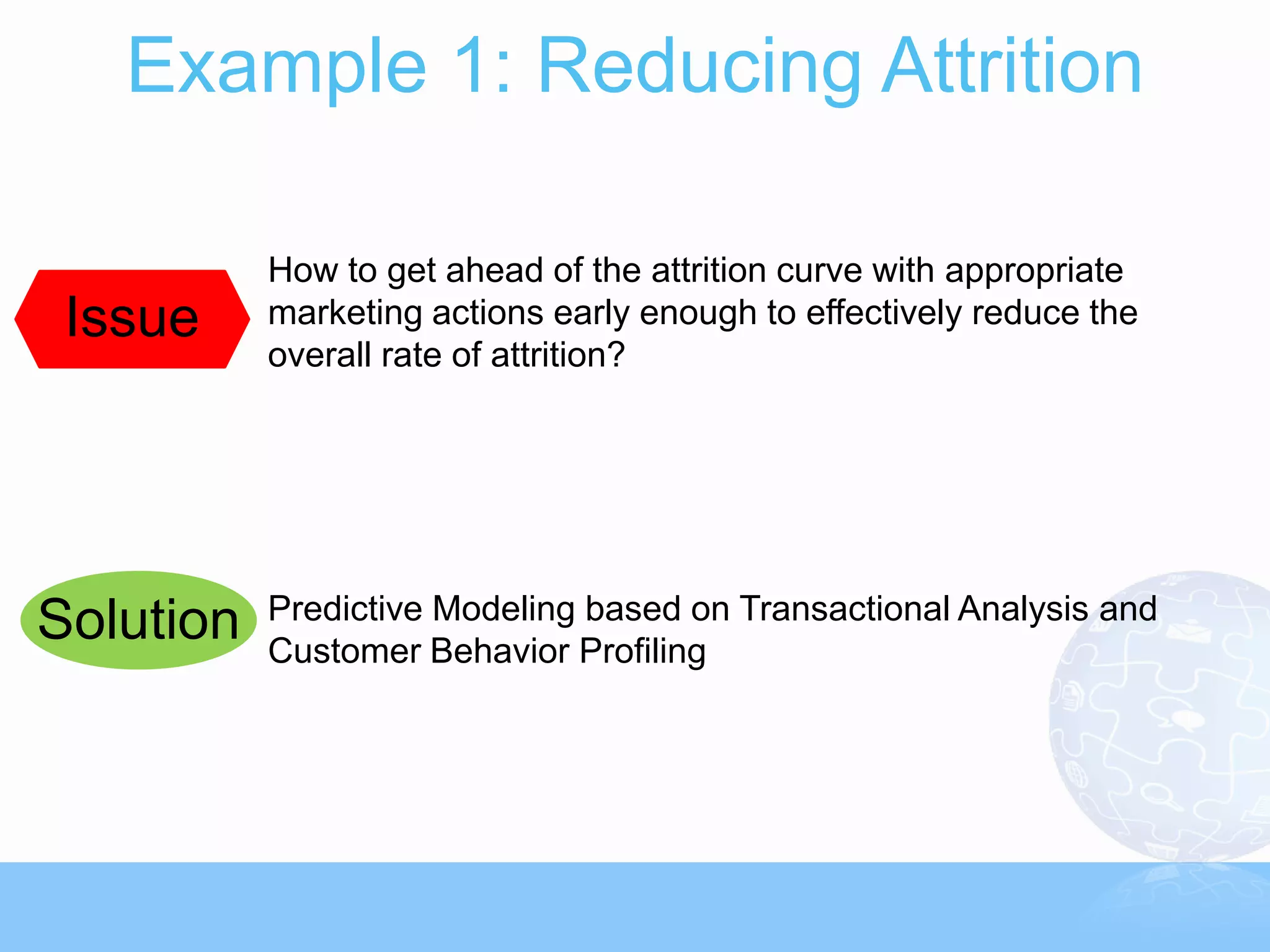 Example 1: Reducing Attrition

           How to get ahead of the attrition curve with appropriate
 Issue     marketing actions early enough to effectively reduce the
           overall rate of attrition?




           Predictive Modeling based on Transactional Analysis and
Solution   Customer Behavior Profiling
 