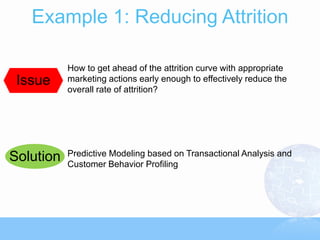 Example 1: Reducing Attrition

           How to get ahead of the attrition curve with appropriate
 Issue     marketing actions early enough to effectively reduce the
           overall rate of attrition?




           Predictive Modeling based on Transactional Analysis and
Solution   Customer Behavior Profiling
 