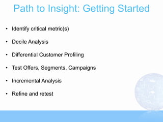 Path to Insight: Getting Started
• Identify critical metric(s)

• Decile Analysis

• Differential Customer Profiling

• Test Offers, Segments, Campaigns

• Incremental Analysis

• Refine and retest
 