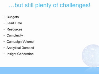 …but still plenty of challenges!
• Budgets
• Lead Time
• Resources
• Complexity
• Campaign Volume
• Analytical Demand
• Insight Generation
 