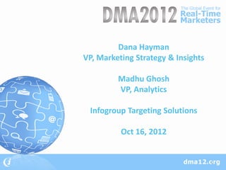 Dana Hayman
VP, Marketing Strategy & Insights

         Madhu Ghosh
         VP, Analytics

 Infogroup Targeting Solutions

          Oct 16, 2012


                                    1
 
