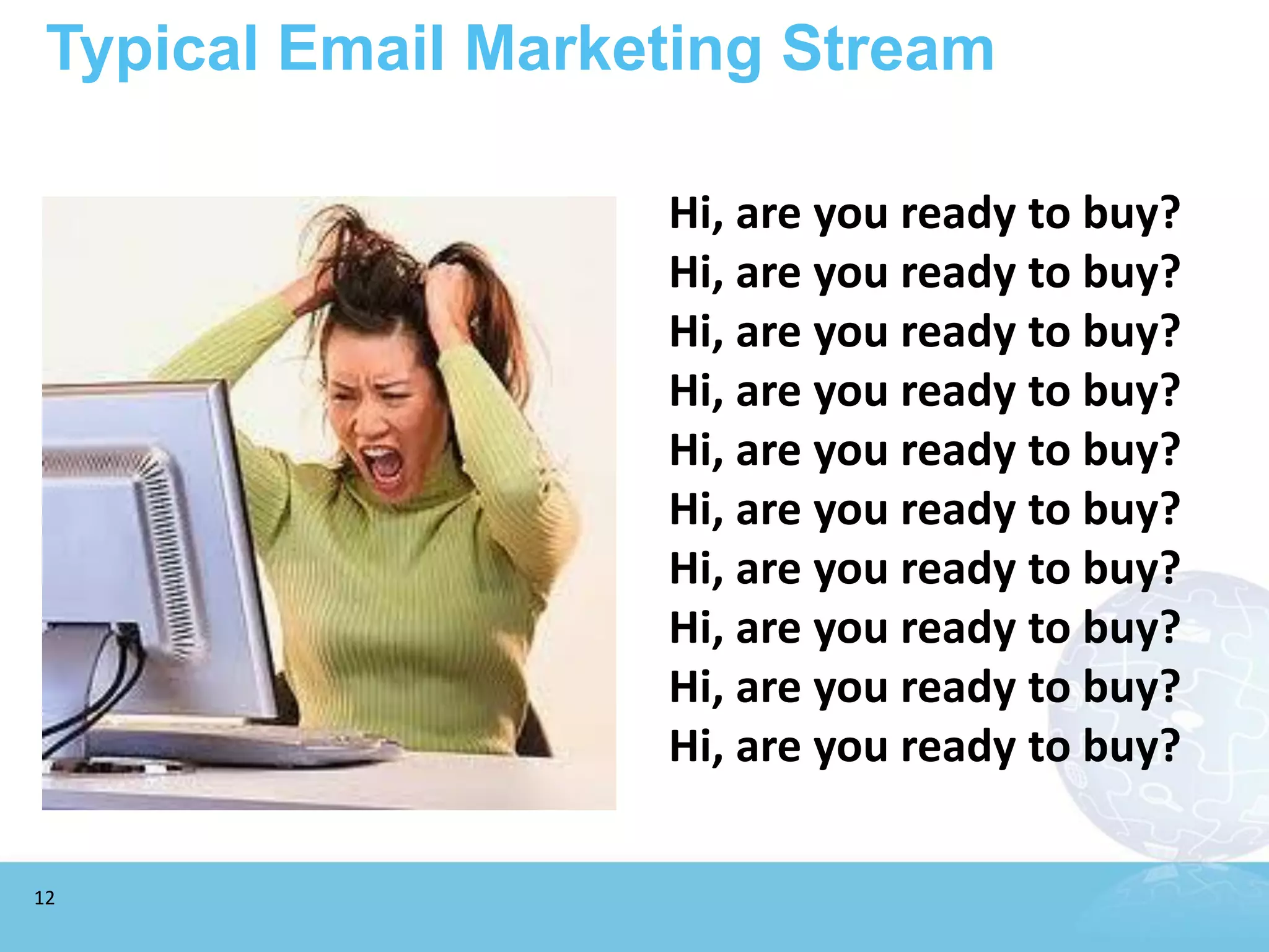 Typical Email Marketing Stream

                    Hi, are you ready to buy?
                    Hi, are you ready to buy?
                    Hi, are you ready to buy?
                    Hi, are you ready to buy?
                    Hi, are you ready to buy?
                    Hi, are you ready to buy?
                    Hi, are you ready to buy?
                    Hi, are you ready to buy?
                    Hi, are you ready to buy?
                    Hi, are you ready to buy?

12
 
