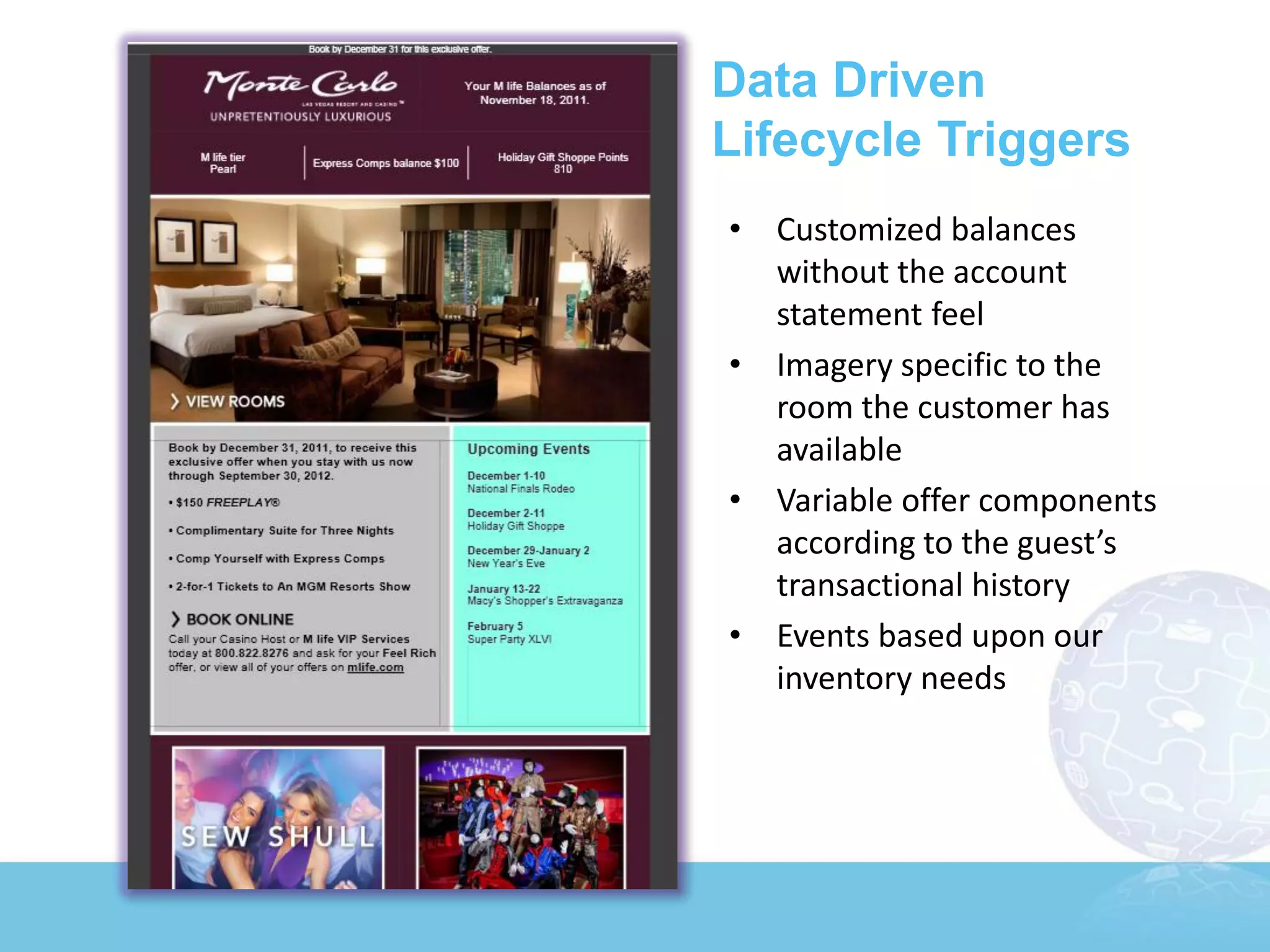 Data Driven
Lifecycle Triggers
• Customized balances
  without the account
  statement feel
• Imagery specific to the
  room the customer has
  available
• Variable offer components
  according to the guest’s
  transactional history
• Events based upon our
  inventory needs
 