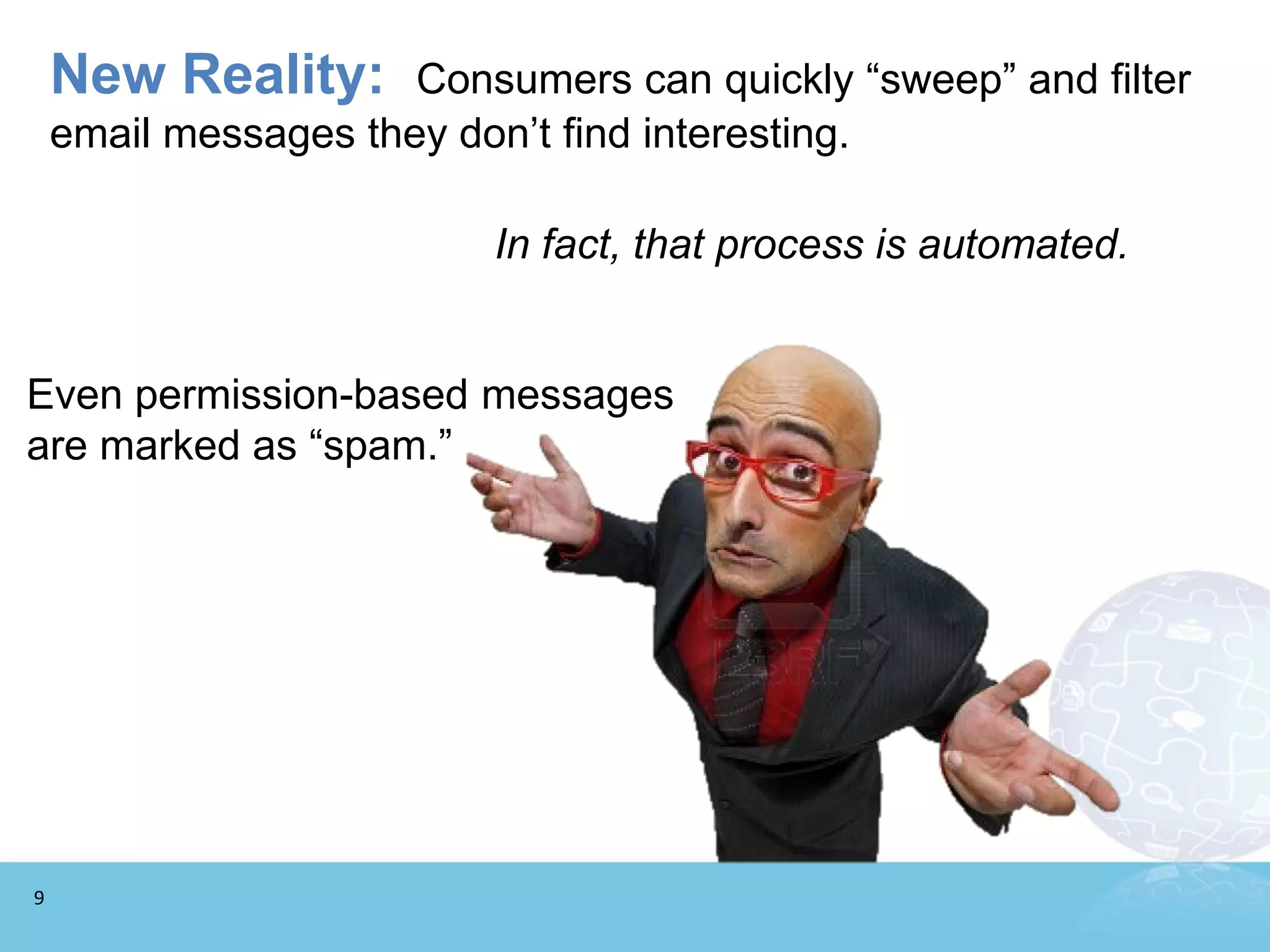 New Reality:      Consumers can quickly “sweep” and filter
    email messages they don’t find interesting.

                          In fact, that process is automated.


Even permission-based messages
are marked as “spam.”




9
 