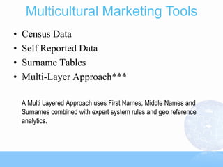 Multicultural Marketing Tools
•   Census Data
•   Self Reported Data
•   Surname Tables
•   Multi-Layer Approach***

    A Multi Layered Approach uses First Names, Middle Names and
    Surnames combined with expert system rules and geo reference
    analytics.
 