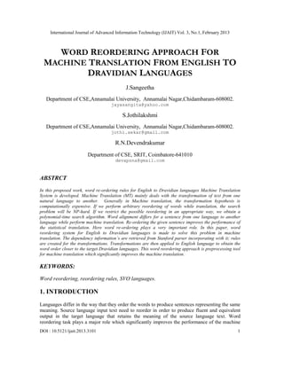 WORD REORDERING APPROACH FOR MACHINE TRANSLATION FROM ENGLISH TO ...
