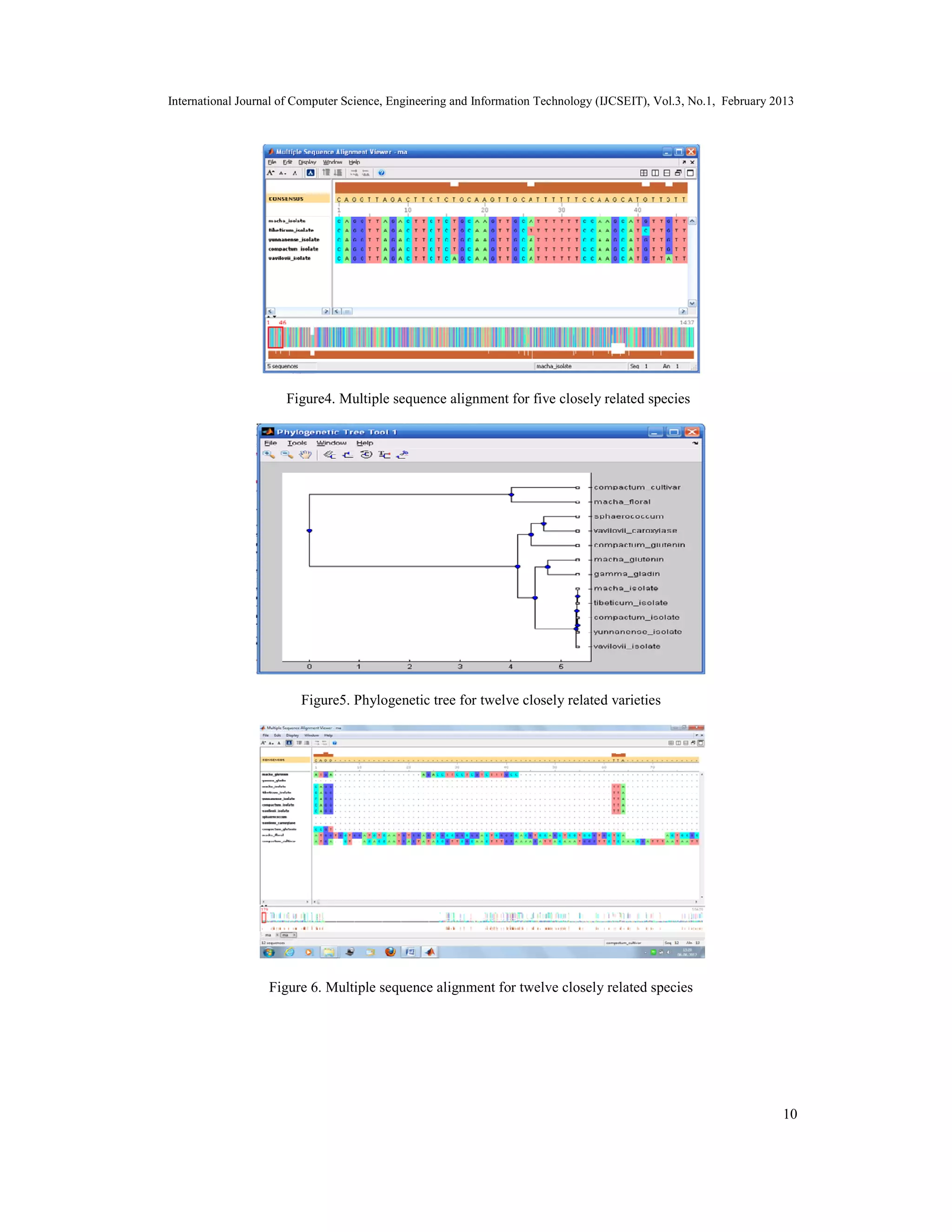 International Journal of Computer Science, Engineering and Information Technology (IJCSEIT), Vol.3, No.1, February 2013
10
Figure4. Multiple sequence alignment for five closely related species
Figure5. Phylogenetic tree for twelve closely related varieties
Figure 6. Multiple sequence alignment for twelve closely related species
 