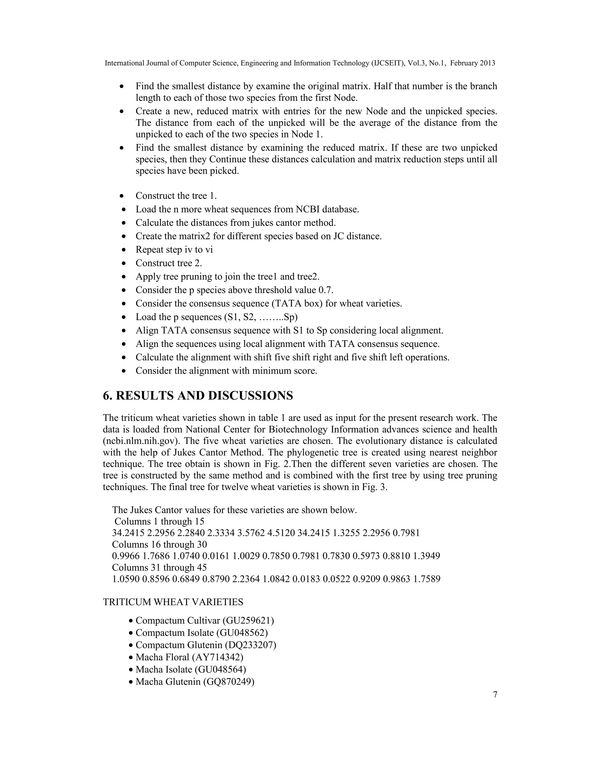International Journal of Computer Science, Engineering and Information Technology (IJCSEIT), Vol.3, No.1, February 2013
7
• Find the smallest distance by examine the original matrix. Half that number is the branch
length to each of those two species from the first Node.
• Create a new, reduced matrix with entries for the new Node and the unpicked species.
The distance from each of the unpicked will be the average of the distance from the
unpicked to each of the two species in Node 1.
• Find the smallest distance by examining the reduced matrix. If these are two unpicked
species, then they Continue these distances calculation and matrix reduction steps until all
species have been picked.
• Construct the tree 1.
• Load the n more wheat sequences from NCBI database.
• Calculate the distances from jukes cantor method.
• Create the matrix2 for different species based on JC distance.
• Repeat step iv to vi
• Construct tree 2.
• Apply tree pruning to join the tree1 and tree2.
• Consider the p species above threshold value 0.7.
• Consider the consensus sequence (TATA box) for wheat varieties.
• Load the p sequences (S1, S2, ……..Sp)
• Align TATA consensus sequence with S1 to Sp considering local alignment.
• Align the sequences using local alignment with TATA consensus sequence.
• Calculate the alignment with shift five shift right and five shift left operations.
• Consider the alignment with minimum score.
6. RESULTS AND DISCUSSIONS
The triticum wheat varieties shown in table 1 are used as input for the present research work. The
data is loaded from National Center for Biotechnology Information advances science and health
(ncbi.nlm.nih.gov). The five wheat varieties are chosen. The evolutionary distance is calculated
with the help of Jukes Cantor Method. The phylogenetic tree is created using nearest neighbor
technique. The tree obtain is shown in Fig. 2.Then the different seven varieties are chosen. The
tree is constructed by the same method and is combined with the first tree by using tree pruning
techniques. The final tree for twelve wheat varieties is shown in Fig. 3.
The Jukes Cantor values for these varieties are shown below.
Columns 1 through 15
34.2415 2.2956 2.2840 2.3334 3.5762 4.5120 34.2415 1.3255 2.2956 0.7981
Columns 16 through 30
0.9966 1.7686 1.0740 0.0161 1.0029 0.7850 0.7981 0.7830 0.5973 0.8810 1.3949
Columns 31 through 45
1.0590 0.8596 0.6849 0.8790 2.2364 1.0842 0.0183 0.0522 0.9209 0.9863 1.7589
TRITICUM WHEAT VARIETIES
• Compactum Cultivar (GU259621)
• Compactum Isolate (GU048562)
• Compactum Glutenin (DQ233207)
• Macha Floral (AY714342)
• Macha Isolate (GU048564)
• Macha Glutenin (GQ870249)
 