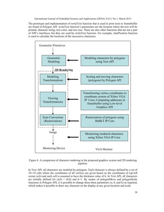 International Journal of Embedded Systems and Applications (IJESA) Vol.3, No.1, March 2013
The prototype and implementation of writeText function that is used to print texts to framebuffer
are found in Polygon API. writeText function’s parameters are the location where the text will be
printed, character string, text color, and text size. There are also other functions that are not a part
of API’s interfaces, but they are used by writeText function. For example, charPosition function
is used to calculate the locations of the successive characters.


          Geometric Primitives



                  Geometric                          Modeling characters by polygons
                  Modeling                                   using Text API

                         2D Rendering

                Modeling                               Scaling and moving characters
             Transformations                            (polygons) by Polygon API



                                                    Transforming vertice coordinates to
                                                     coordinate system of Xilinx VGA
                Viewing
                                                     IP Core; Computing addresses in
             Transformations
                                                       framebuffer using Low-level
                                                               Graphics API


             Scan Conversion                          Rasterization of polygons using
              (Rasterization)                                 BitBLT IP Core


                   Image
                                                      Monitoring rendered characters
                                                       using Xilinx VGA IP Core


             Montoring Device                                   VGA Monitor


Figure 6. A comparison of character rendering in the proposed graphics system and 2D rendering
                                           pipeline.

In Text API, all characters are modeled by polygons. Each character is always defined by a set of
10×10 cells where the coordinates of all vertices are given based on the coordinates of top-left
corner (a,b) and each cell is assumed to have the thickness value of k. In Text API, all characters
are initially defined for (a,b) = (0,0) and k=1. By means of polygonMove and polygonScale
functions in Polygon API, it is possible to change these three parameters (a, b, and k) as required,
which makes it possible to draw any character on the display at any given location and scale.

                                                                                                     28
 