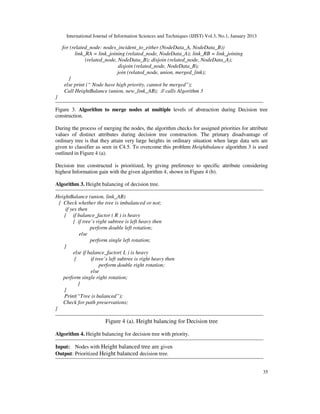 International Journal of Information Sciences and Techniques (IJIST) Vol.3, No.1, January 2013
35
for (related_node: nodes_incident_to_either (NodeData_A, NodeData_B))
link_RA = link_joining (related_node, NodeData_A); link_RB = link_joining
(related_node, NodeData_B); disjoin (related_node, NodeData_A);
disjoin (related_node, NodeData_B);
join (related_node, union, merged_link);
}
else print (“ Node have high priority, cannot be merged”);
Call HeightBalance (union, new_link_AB); // calls Algorithm 3
}
Figure 3. Algorithm to merge nodes at multiple levels of abstraction during Decision tree
construction.
During the process of merging the nodes, the algorithm checks for assigned priorities for attribute
values of distinct attributes during decision tree construction. The primary disadvantage of
ordinary tree is that they attain very large heights in ordinary situation when large data sets are
given to classifier as seen in C4.5. To overcome this problem Heightbalance algorithm 3 is used
outlined in Figure 4 (a).
Decision tree constructed is prioritized, by giving preference to specific attribute considering
highest Information gain with the given algorithm 4, shown in Figure 4 (b).
Algorithm 3. Height balancing of decision tree.
HeightBalance (union, link_AB)
{ Check whether the tree is imbalanced or not;
if yes then
{ if balance_factor ( R ) is heavy
{ if tree’s right subtree is left heavy then
perform double left rotation;
else
perform single left rotation;
}
else if balance_factor( L ) is heavy
{ if tree’s left subtree is right heavy then
perform double right rotation;
else
perform single right rotation;
}
}
Print(“Tree is balanced”);
Check for path preservations;
}
Figure 4 (a). Height balancing for Decision tree
Algorithm 4. Height balancing for decision tree with priority.
Input: Nodes with Height balanced tree are given
Output: Prioritized Height balanced decision tree.
 