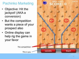 Pachinko Marketing
• Objective: Hit the
  jackpot! (AKA a
  conversion)
• But the competition
  wants a piece of your
  prospect also
• Online display can
  help rig the game in
  your favor

           The competition

                This is you

                              11
 