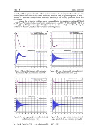  ISSN: 2088-8708
Int J Elec & Comp Eng, Vol. 11, No. 6, December 2021 : 4907 - 4921
4918
inverted pendulum system without the influence of uncertainties. The observer-based controller not only
estimates the unknown states but also control the inverted pendulum stably at equilibrium point (0, 0, 0, 0).
Scenario 2: Disturbance observer-based controller synthesis for an inverted pendulum system with
uncertainties.
Assume that the inverted pendulum system is impacted by the time-varying uncertainties ∆𝐴(𝑡) and
∆𝐵(𝑡). Under Assumption 1, these uncertainties are decomposed as ∆𝐴(𝑡) = 𝐵𝛾(𝑡) and ∆𝐵(𝑡) = 𝐵𝛿(𝑡) in
which 𝛾(𝑡) = [−3sin (𝑡) 1 + cos (𝑡) 2 sin(𝑡) cos (𝑡) 1 + cos (𝑡)] and 𝛿(𝑡) = cos (2𝑡). Solving the
conditions of Theorem 4, we obtain the observer and controller gains as:
Figure 4. The real displacement 𝑥1(𝑡), estimated
displacement 𝑥
̂1(𝑡) and estimation error 𝑒1(𝑡)
Figure 5. The real velocity 𝑥2(𝑡), estimated velocity
𝑥
̂2(𝑡) and estimation error 𝑒2(𝑡)
Figure 6. The real angle 𝑥3(𝑡), estimated angle 𝑥
̂3(𝑡)
and estimation error 𝑒3(𝑡)
Figure 7. The real angle velocity 𝑥4(𝑡), estimated
angle velocity 𝑥
̂4(𝑡) and estimation error 𝑒4(𝑡)
 
