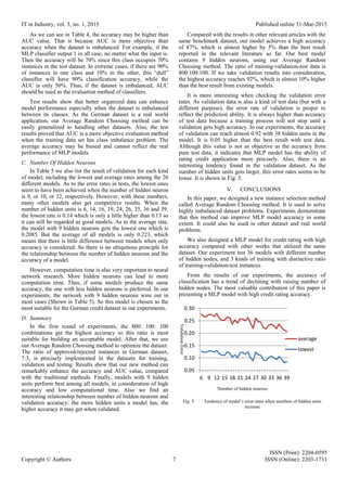 IT in Industry, vol. 3, no. 1, 2015 Published online 31-Mar-2015
ISSN (Print): 2204-0595
Copyright © Authors 7 ISSN (Online): 2203-1731
As we can see in Table 4, the accuracy may be higher than
AUC value. That is because AUC is more objective than
accuracy when the dataset is imbalanced. For example, if the
MLP classifier output 1 in all case, no matter what the input is.
Then the accuracy will be 70% since this class occupies 70%
instances in the test dataset. In extreme cases, if there are 90%
of instances in one class and 10% in the other, this “dull”
classifier will have 90% classification accuracy, while the
AUC is only 50%. Thus, if the dataset is imbalanced, AUC
should be used as the evaluation method of classifiers.
Test results show that better organized data can enhance
model performance especially when the dataset is imbalanced
between its classes. As the German dataset is a real world
application, our Average Random Choosing method can be
easily generalized to handling other datasets. Also, the test
results proved that AUC is a more objective evaluation method
when the training data set has class imbalance problem. The
average accuracy may be biased and cannot reflect the real
performance of MLP models.
C. Number Of Hidden Neurons
In Table 5 we also list the result of validation for each kind
of model, including the lowest and average rates among the 20
different models. As to the error rates in tests, the lowest ones
seem to have been achieved when the number of hidden neuron
is 9, or 10, or 12, respectively. However, with these numbers,
many other models also get competitive results. When the
number of hidden units is 6, 14, 16, 19, 24, 26, 35, 36 and 39,
the lowest rate is 0.14 which is only a little higher than 0.13 so
it can still be regarded as good models. As to the average rate,
the model with 9 hidden neurons gets the lowest one which is
0.2085. But the average of all models is only 0.223, which
means that there is little difference between models when only
accuracy is considered. So there is no ubiquitous principle for
the relationship between the number of hidden neurons and the
accuracy of a model.
However, computation time is also very important to neural
network research. More hidden neurons can lead to more
computation time. Thus, if some models produce the same
accuracy, the one with less hidden neurons is preferred. In our
experiments, the network with 9 hidden neurons wins out in
most cases (Shown in Table 5). So this model is chosen as the
most suitable for the German credit dataset in our experiments.
D. Summary
In the first round of experiments, the 800: 100: 100
combinations get the highest accuracy so this ratio is most
suitable for building an acceptable model. After that, we use
our Average Random Choosing method to optimize the dataset.
The ratio of approved/rejected instances in German dataset,
7:3, is precisely implemented in the datasets for training,
validation and testing. Results show that our new method can
remarkably enhance the accuracy and AUC value, compared
with the traditional methods. Finally, models with 9 hidden
units perform best among all models, in consideration of high
accuracy and low computational time. Also we find an
interesting relationship between number of hidden neurons and
validation accuracy: the more hidden units a model has, the
higher accuracy it may get when validated.
Compared with the results in other relevant articles with the
same benchmark dataset, our model achieves a high accuracy
of 87%, which is almost higher by 5% than the best result
reported in the relevant literature so far. Our best model
contains 9 hidden neurons, using our Average Random
Choosing method. The ratio of training-validation-test data is
800:100:100. If we take validation results into consideration,
the highest accuracy reaches 92%, which is almost 10% higher
than the best result from existing models.
It is more interesting when checking the validation error
rates. As validation data is also a kind of test data (but with a
different purpose), the error rate of validation is proper to
reflect the prediction ability. It is always higher than accuracy
of test data because a training process will not stop until a
validation gets high accuracy. In our experiments, the accuracy
of validation can reach almost 0.92 with 38 hidden units in the
model. It is 0.05 higher than the best result with test data.
Although this value is not as objective as the accuracy from
pure test data, it indicates that MLP model has the ability of
rating credit application more precisely. Also, there is an
interesting tendency found in the validation dataset. As the
number of hidden units gets larger, this error rates seems to be
lower. It is shown in Fig. 5.
V. CONCLUSIONS
In this paper, we designed a new instance selection method
called Average Random Choosing method. It is used to solve
highly imbalanced dataset problems. Experiments demonstrate
that this method can improve MLP model accuracy in some
extent. It could also be used in other dataset and real world
problems.
We also designed a MLP model for credit rating with high
accuracy compared with other works that utilized the same
dataset. Our experiment test 36 models with different number
of hidden nodes, and 3 kinds of training with distinctive ratio
of training-validation-test instances.
From the results of our experiments, the accuracy of
classification has a trend of declining with raising number of
hidden nodes. The most valuable contribution of this paper is
presenting a MLP model with high credit rating accuracy.
Fig. 5. Tendency of model’s error rates when numbers of hidden units
increase
0.05
0.10
0.15
0.20
0.25
0.30
6 9 12 15 18 21 24 27 30 33 36 39
average
lowest
ValidationError
Number of hidden neurons
 