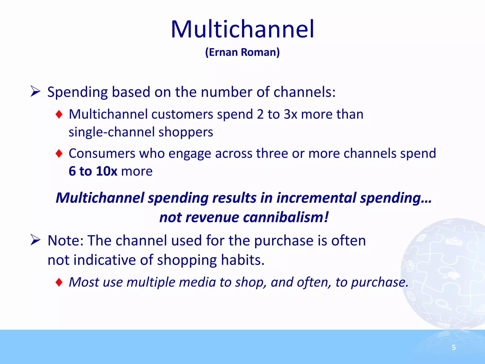 Multichannel
                           (Ernan Roman)


 Spending based on the number of channels:
     Multichannel customers spend 2 to 3x more than
     single-channel shoppers
     Consumers who engage across three or more channels spend
     6 to 10x more
   Multichannel spending results in incremental spending…
                    not revenue cannibalism!
 Note: The channel used for the purchase is often
  not indicative of shopping habits.
     Most use multiple media to shop, and often, to purchase.



                                                                5
 