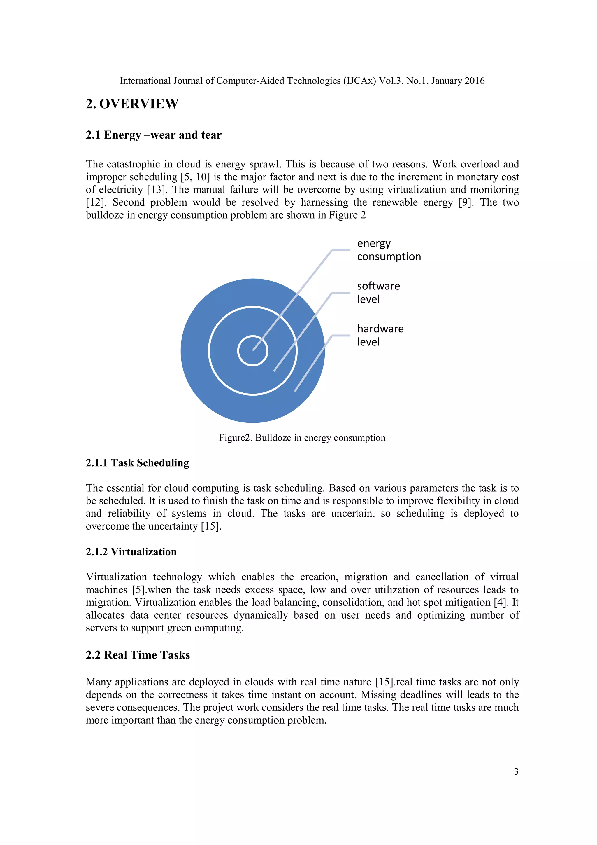International Journal of Computer-Aided Technologies (IJCAx) Vol.3, No.1, January 2016
3
2. OVERVIEW
2.1 Energy –wear and tear
The catastrophic in cloud is energy sprawl. This is because of two reasons. Work overload and
improper scheduling [5, 10] is the major factor and next is due to the increment in monetary cost
of electricity [13]. The manual failure will be overcome by using virtualization and monitoring
[12]. Second problem would be resolved by harnessing the renewable energy [9]. The two
bulldoze in energy consumption problem are shown in Figure 2
Figure2. Bulldoze in energy consumption
2.1.1 Task Scheduling
The essential for cloud computing is task scheduling. Based on various parameters the task is to
be scheduled. It is used to finish the task on time and is responsible to improve flexibility in cloud
and reliability of systems in cloud. The tasks are uncertain, so scheduling is deployed to
overcome the uncertainty [15].
2.1.2 Virtualization
Virtualization technology which enables the creation, migration and cancellation of virtual
machines [5].when the task needs excess space, low and over utilization of resources leads to
migration. Virtualization enables the load balancing, consolidation, and hot spot mitigation [4]. It
allocates data center resources dynamically based on user needs and optimizing number of
servers to support green computing.
2.2 Real Time Tasks
Many applications are deployed in clouds with real time nature [15].real time tasks are not only
depends on the correctness it takes time instant on account. Missing deadlines will leads to the
severe consequences. The project work considers the real time tasks. The real time tasks are much
more important than the energy consumption problem.
energy
consumption
software
level
hardware
level
 