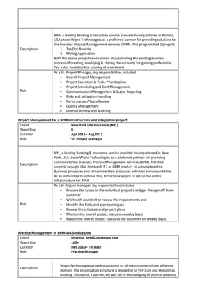 Description
BBH, a leading Banking & Securities service provider headquartered in Boston,
USA chose Wipro Technologies as a preferred partner for providing solutions to
the Business Process Management services (BPM). This program had 2 projects
1. Tax Doc Rewrite
2. MyReg Application
Both the above projects were aimed at automating the existing business
process of creating, modifying & closing the accounts for gaining preferential
Tax rates based on the country of investment
Role
As a Sr. Project Manager, my responsibilities included
• Overall Project Management
• Project Execution & Tasks Prioritization
• Project Scheduling and Cost Management
• Communication Management & Status Reporting
• Risks and Mitigation handling
• Performance / Tasks Review
• Quality Management
• Internal Review and Auditing
Project Management for a BPM Infrastructure and Integration project
Client : New York Life Insurance (NYL)
Team Size : 8
Duration : Apr 2011– Aug 2011
Role : Sr. Project Manager
Description
NYL, a leading Banking & Insurance service provider headquartered in New
York, USA chose Wipro Technologies as a preferred partner for providing
solutions to the Business Process Management services (BPM). NYL had
recently brought IBM Lombardi 7.2 as BPM product to automate entire
Business processes and streamline their processes with less turnaround time.
As an initial step to achieve this, NYLI chose Wipro to set up the entire
Infrastructure for BPM
Role
As a Sr.Project manager, my responsibilities included
• Prepare the Scope of the individual project’s and get the sign-off from
customer
• Work with Architect to review the requirements and
• Identify the Risks and plan to mitigate
• Review the schedule and project plans
• Monitor the overall project status on weekly basis
• Report the overall project status to the customer on weekly basis
Practice Management of BPMSOA Service Line
Client : Internal- BPMSOA service Line
Team Size : 100+
Duration : Dec 2010– Till Date
Role : Practice Manager
Description
Wipro Technologies provides solutions to all the customers from different
domain. The organization structure is divided in to Verticals and Horizontal.
Banking, Insurance, Telecom, etc will fall in the category of vertical whereas
 