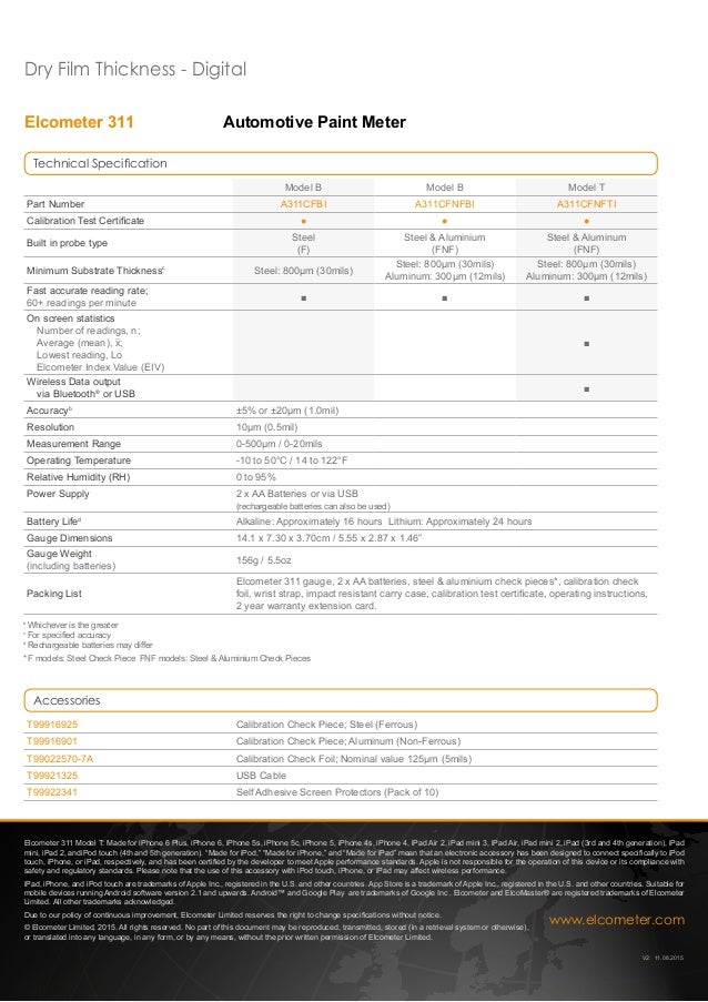 311 c Automotive Paint Meter Specifications / Data Sheets