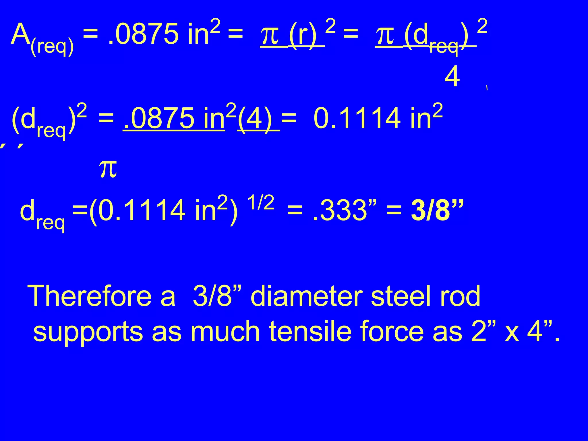 A (req)  = .0875 in 2  =   (r)  2  =   (d req )  2 4 (d req ) 2   =  .0875 in 2 (4)  =  0.1114 in 2      d req  =(0.1114 in 2 )  1/2  = .333” =  3/8”  Therefore a  3/8” diameter steel rod supports as much tensile force as 2” x 4”. 