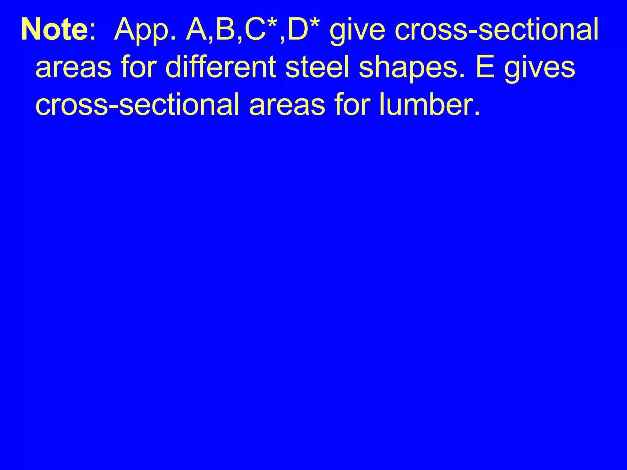 Note :  App. A,B,C*,D* give cross-sectional areas for different steel shapes. E gives cross-sectional areas for lumber. 