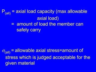 P (all)  = axial load capacity (max allowable    axial load) =  amount of load the member can    safely carry  (all)  =   allowable axial stress=amount of stress which is judged acceptable for the given material 