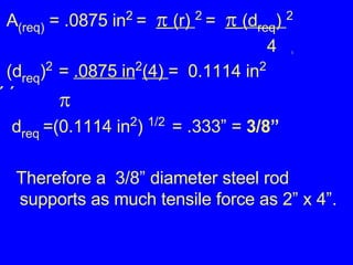 A (req)  = .0875 in 2  =   (r)  2  =   (d req )  2 4 (d req ) 2   =  .0875 in 2 (4)  =  0.1114 in 2      d req  =(0.1114 in 2 )  1/2  = .333” =  3/8”  Therefore a  3/8” diameter steel rod supports as much tensile force as 2” x 4”. 
