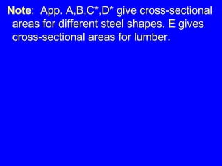Note :  App. A,B,C*,D* give cross-sectional areas for different steel shapes. E gives cross-sectional areas for lumber. 