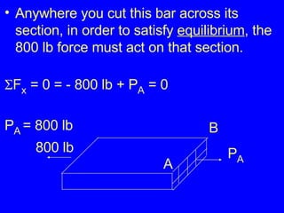 Anywhere you cut this bar across its section, in order to satisfy  equilibrium , the 800 lb force must act on that section.  F x  = 0 = - 800 lb + P A  = 0 P A   = 800 lb P A 800 lb A B 