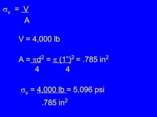  v   =  V A V = 4,000 lb A =    d 2  =    (1”) 2  = .785 in 2 4 4    v  =  4,000 lb  = 5,096 psi .785 in 2 