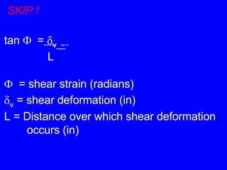 SKIP ! tan     =    v _ _   L    = shear strain (radians)  v  = shear deformation (in)  L = Distance over which shear deformation occurs (in)       