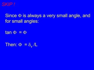SKIP ! Since    is always a very small angle, and for small angles: tan     =     Then:     =   v  /L 