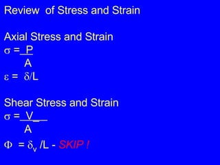 Review  of Stress and Strain Axial Stress and Strain   =   P   A   =   L  Shear Stress and Strain   =   V_     A    =   v  /L -  SKIP ! 