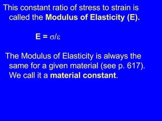 This constant ratio of stress to strain is called the  Modulus of Elasticity (E). E =   /  The Modulus of Elasticity is always the same for a given material (see p. 617). We call it a  material constant . 