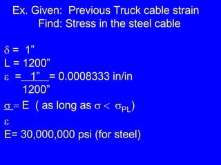 Ex. Given:  Previous Truck cable strain   Find: Stress in the steel cable    =  1” L = 1200”    =   1”  = 0.0008333 in/in 1200”   E  ( as long as   PL )  E= 30,000,000 psi (for steel)  
